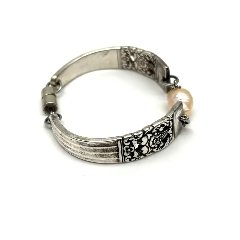 1950s Coronation Silver-plated Floral Spoon Bracelet w/ Freshwater Pearl 6.75